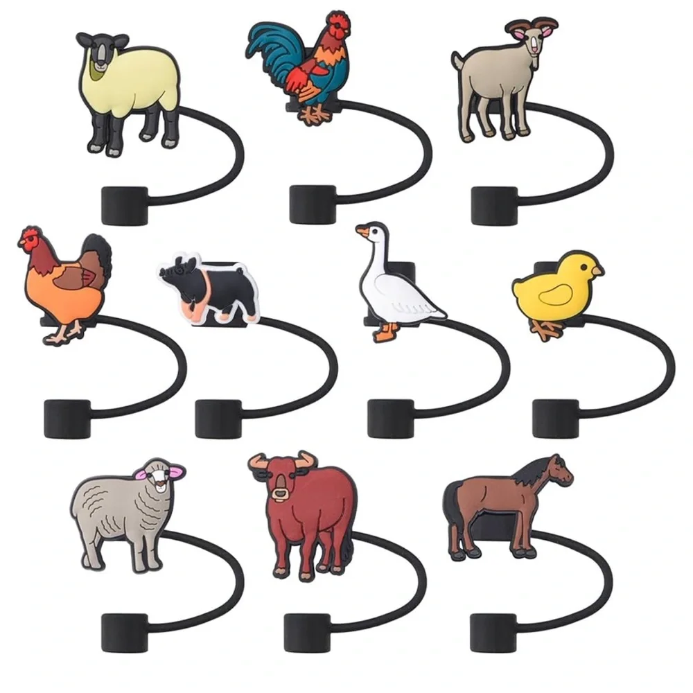 10Pcs Cute Farm Animals Straw Toppers for Stanley Cups, 10mm